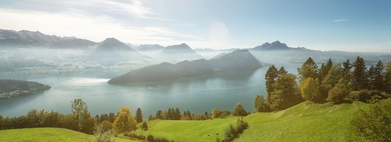 Beautiful view of Lake of Lucerne with several mountains such as Pilatus and Buergenstock.