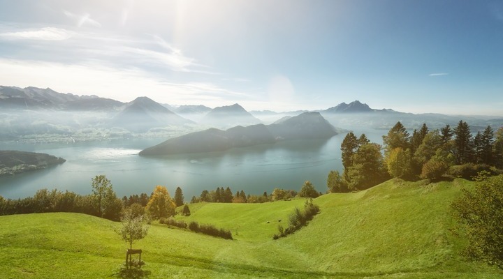 Beautiful view of Lake of Lucerne with several mountains such as Pilatus and Buergenstock.