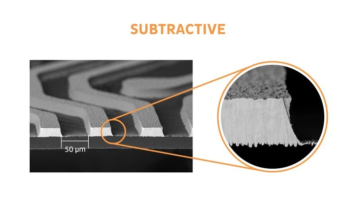 Microsection of traces manufactured with subtractive Technology.